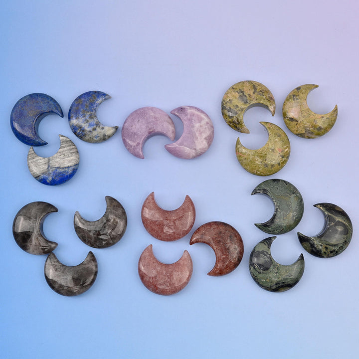 30mm Gemstone Crescent Moon, Polished Healing Crystal Half Moon, Pocket Stone, DIY Gemstone Moon No Hole