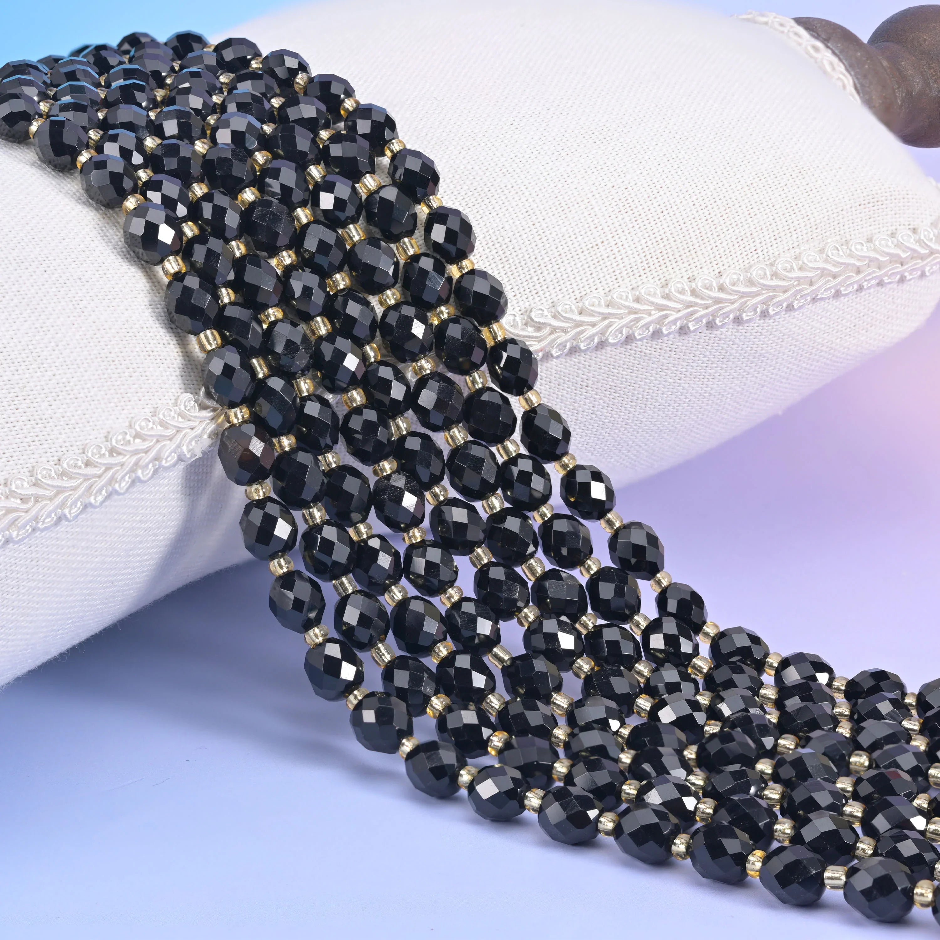 Black Obsidian Faceted Rice Barrel Beads