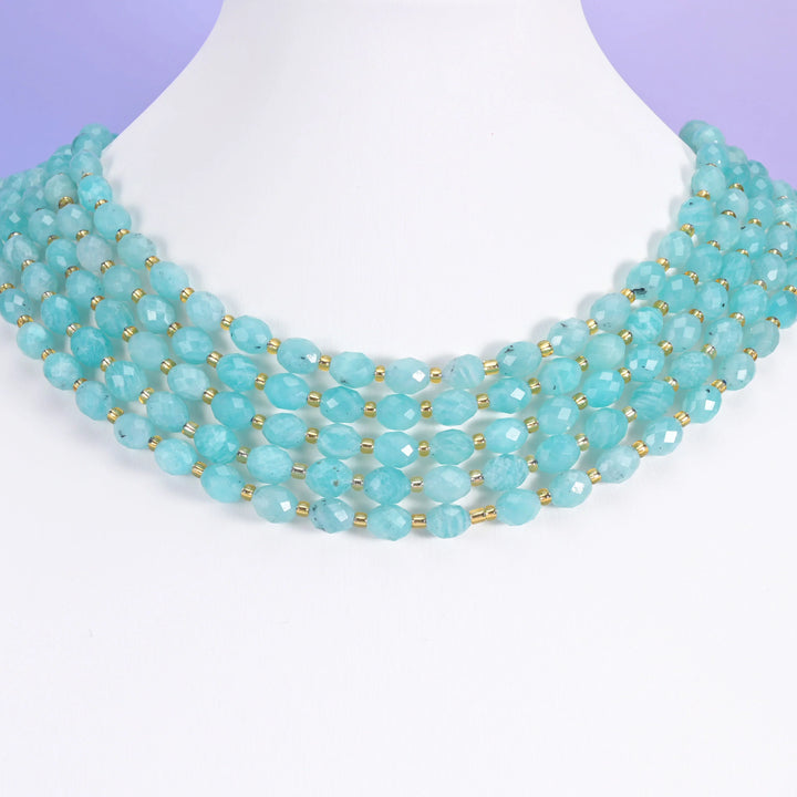 Blue Amazonite Faceted Rice Barrel Beads Size 6x8mm Jewelry Making 15.5 Inch Strand