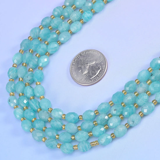 Blue Amazonite Faceted Rice Barrel Beads Size 6x8mm Jewelry Making 15.5 Inch Strand