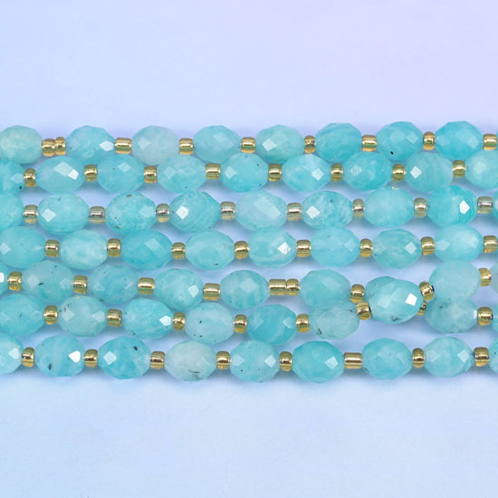 Blue Amazonite Faceted Rice Barrel Beads Size 6x8mm Jewelry Making 15.5 Inch Strand