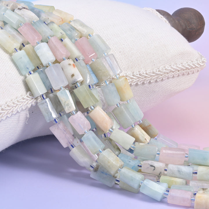 Colorful Morganite Faceted Tube Beads Size 12x8mm Jewelry Making 15.5 Inch Strand