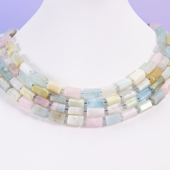 Colorful Morganite Faceted Tube Beads Size 12x8mm Jewelry Making 15.5 Inch Strand