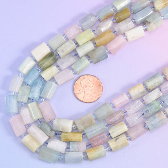 Colorful Morganite Faceted Tube Beads Size 12x8mm Jewelry Making 15.5 Inch Strand