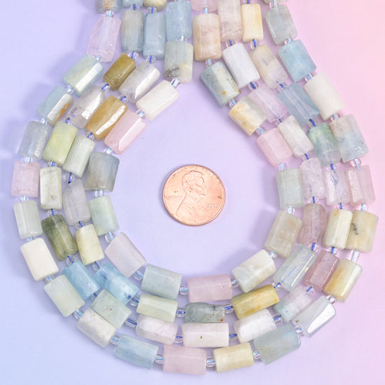 Colorful Morganite Faceted Tube Beads Size 12x8mm Jewelry Making 15.5 Inch Strand