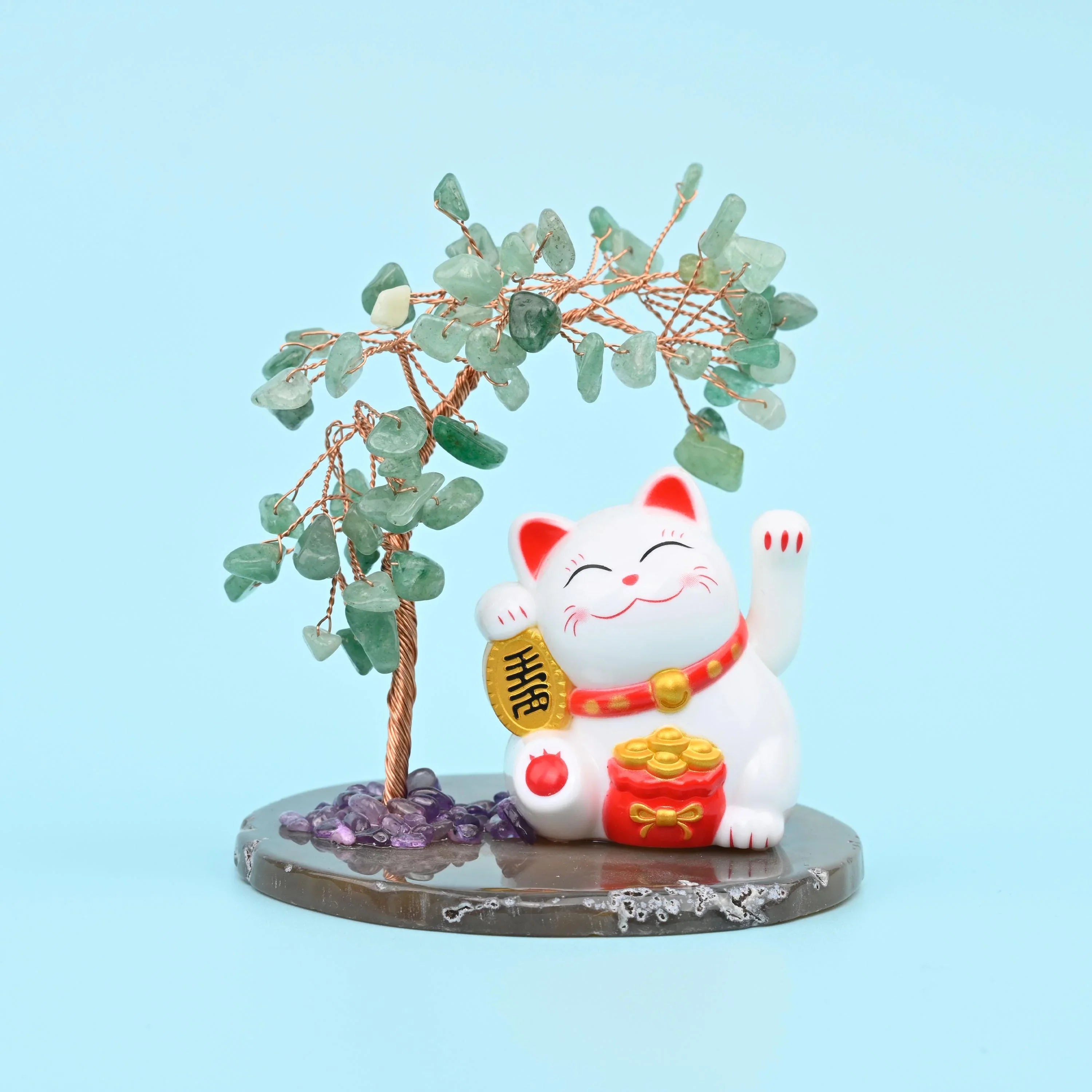 Fortune Cat Gemstone Tree, Lucky Cat Healing Crystal Tree for Home Decor with Agate Base Bottom, Gift for Everyone - Mycrazycrystal