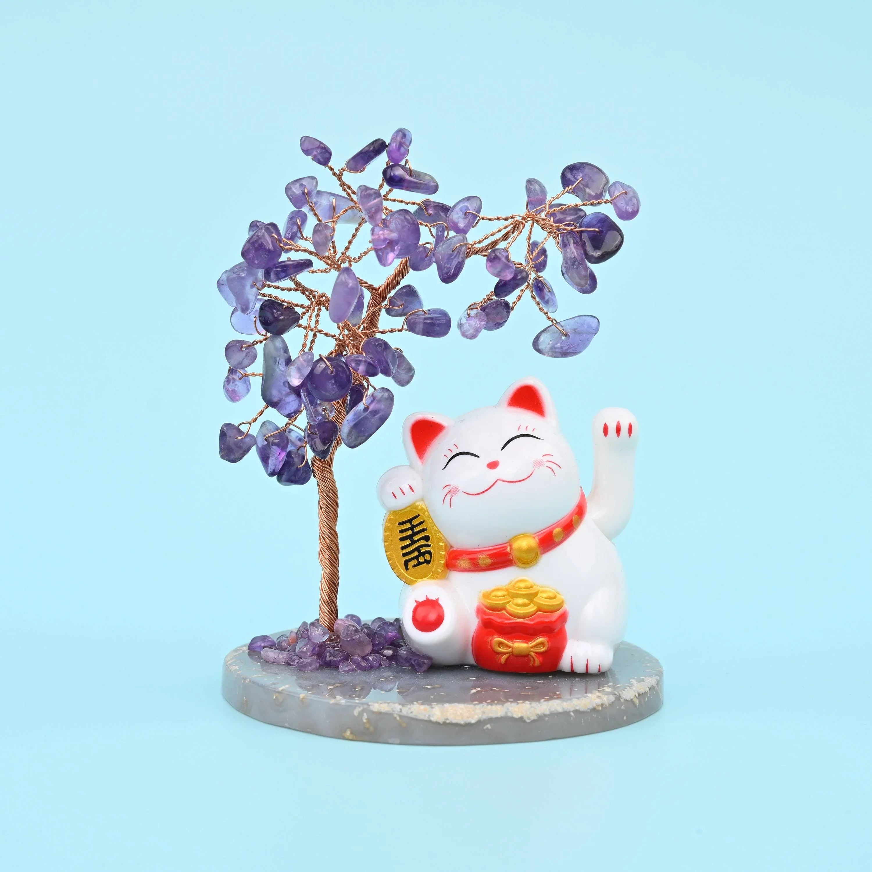 Fortune Cat Gemstone Tree, Lucky Cat Healing Crystal Tree for Home Decor with Agate Base Bottom, Gift for Everyone - Mycrazycrystal