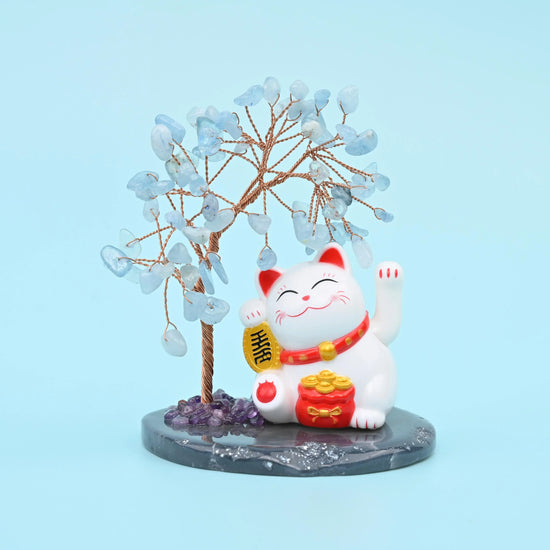Fortune Cat Gemstone Tree, Lucky Cat Healing Crystal Tree for Home Decor with Agate Base Bottom, Gift for Everyone - Mycrazycrystal