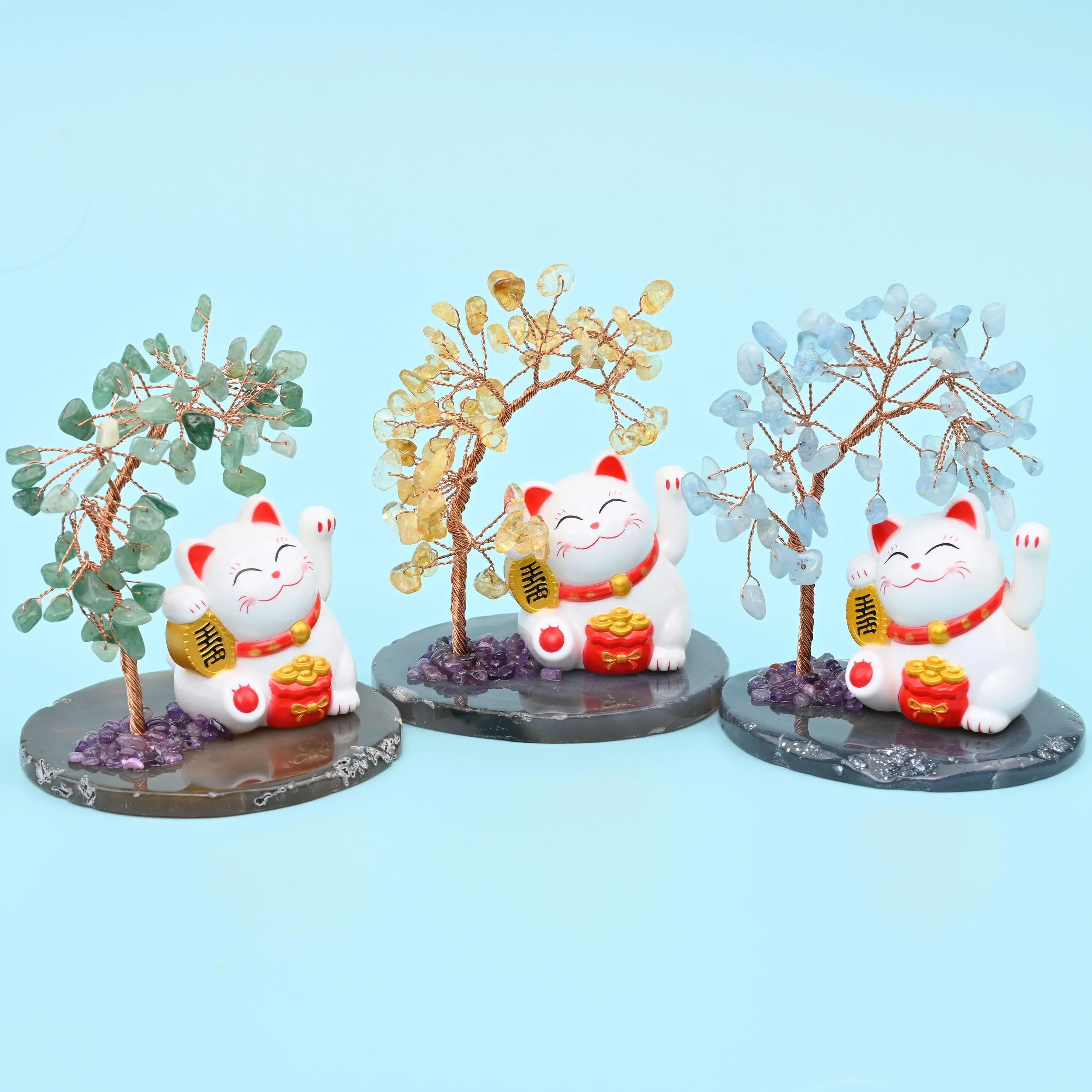 Fortune Cat Gemstone Tree, Lucky Cat Healing Crystal Tree for Home Decor with Agate Base Bottom, Gift for Everyone - Mycrazycrystal