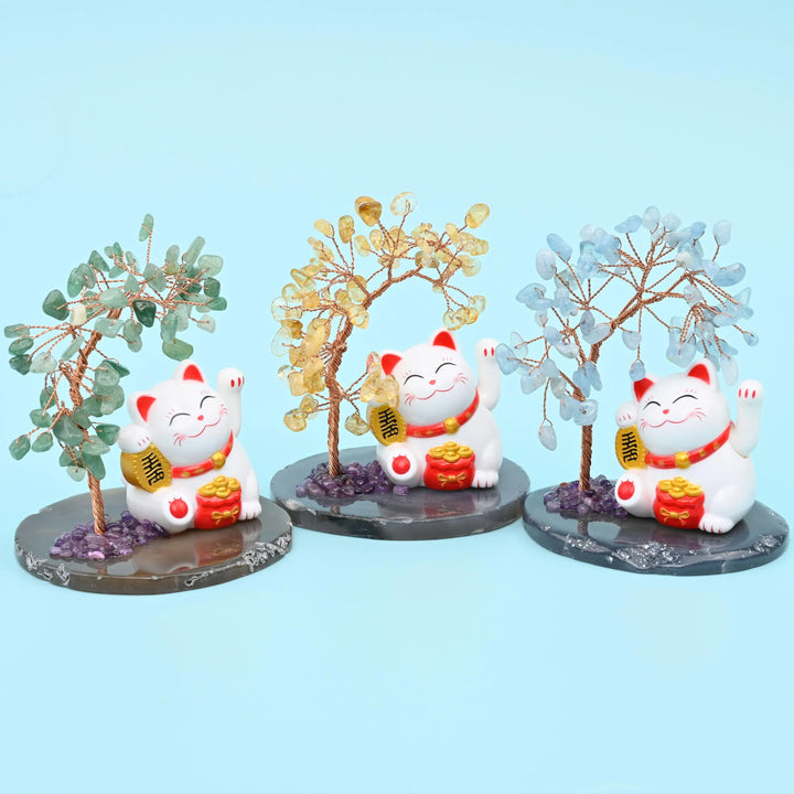 Fortune Cat Gemstone Tree, Lucky Cat Healing Crystal Tree for Home Decor with Agate Base Bottom, Gift for Everyone - Mycrazycrystal