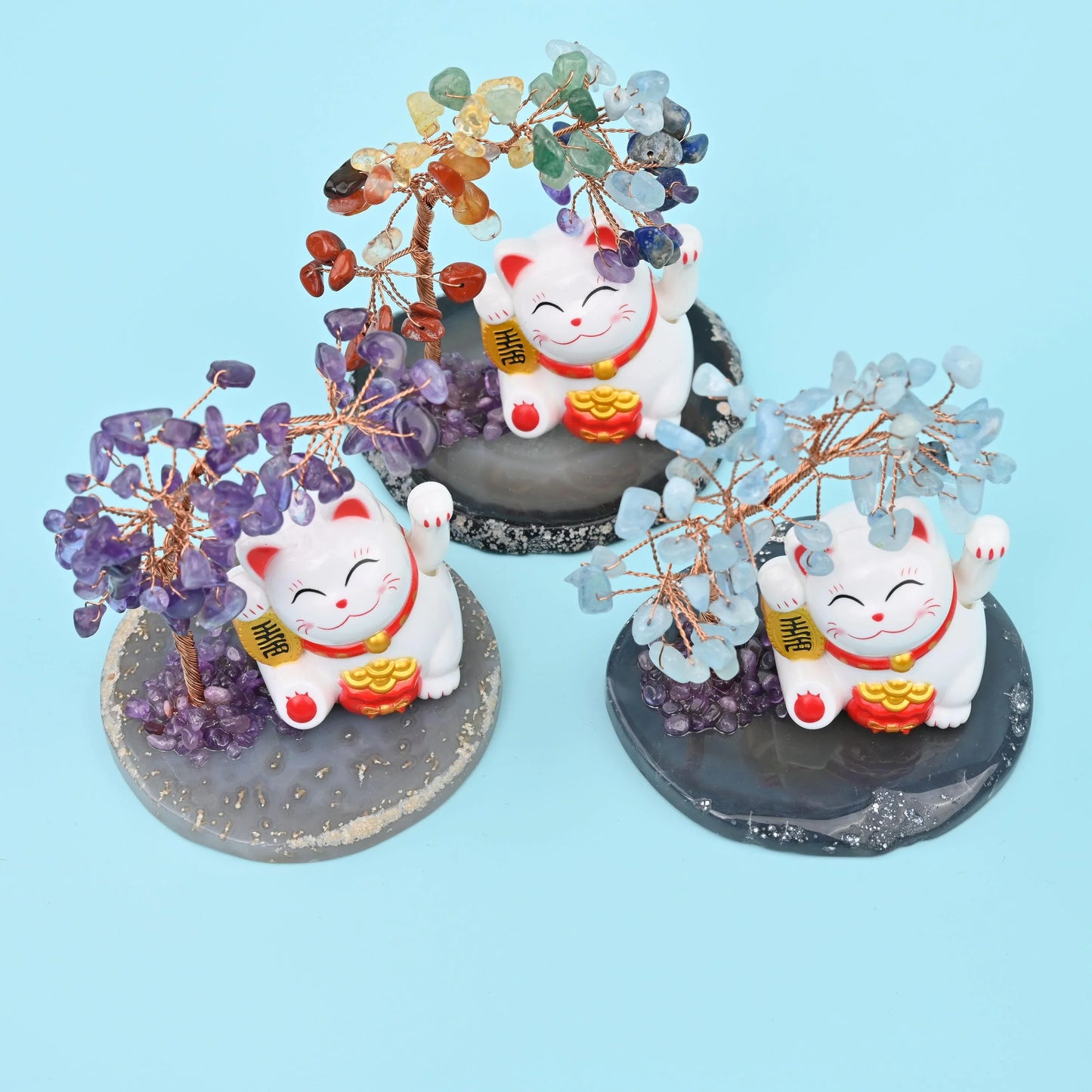 Fortune Cat Gemstone Tree, Lucky Cat Healing Crystal Tree for Home Decor with Agate Base Bottom, Gift for Everyone - Mycrazycrystal