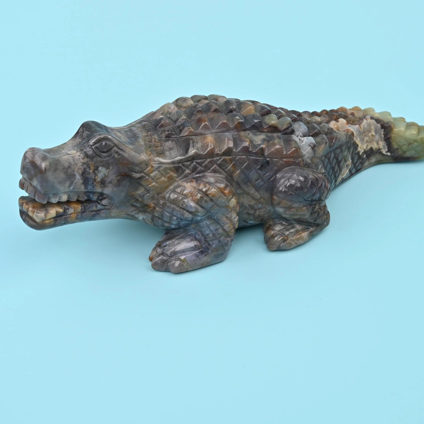 9" Natural Large Size Indian Agate Alligator Gemstone Crocodile Carving 2.2 lb - Mycrazycrystal