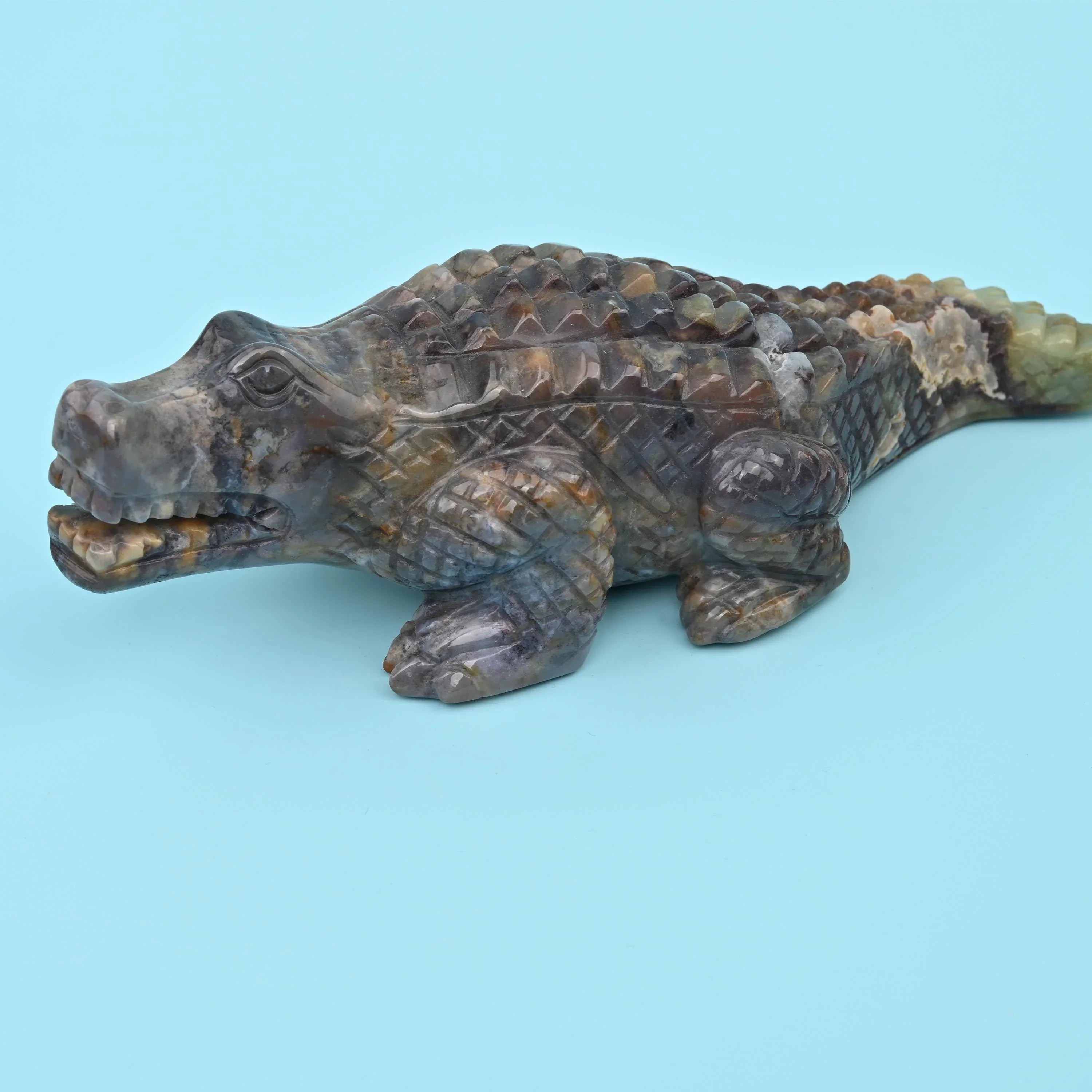 9" Natural Large Size Indian Agate Alligator Gemstone Crocodile Carving 2.2 lb - Mycrazycrystal