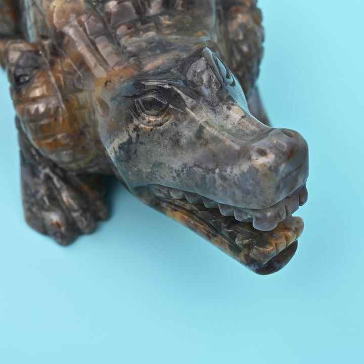 9" Natural Large Size Indian Agate Alligator Gemstone Crocodile Carving 2.2 lb