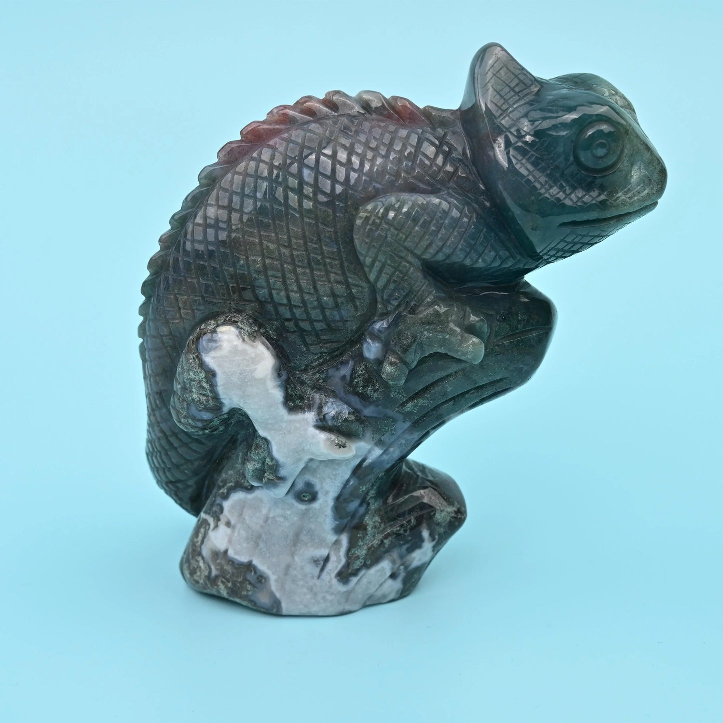 5" Natural Large Size Indian Agate Chameleon Gemstone Lizard Carving 1.97 lb - Mycrazycrystal