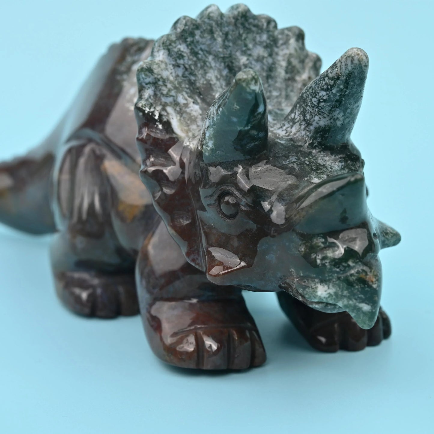 8" Natural Large Size Indian Agate Triceratops Gemstone Dinosaur Carving 1.53 lb - Mycrazycrystal