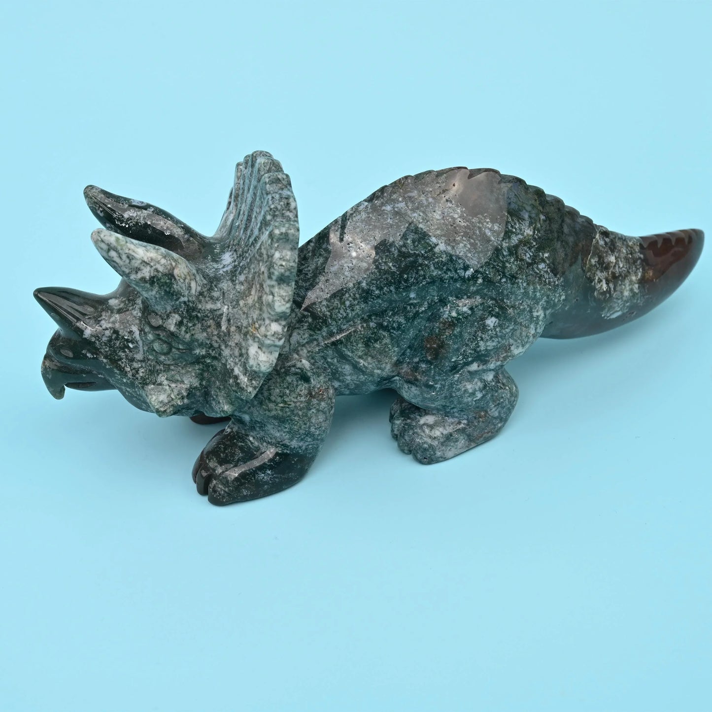 8" Natural Large Size Indian Agate Triceratops Gemstone Dinosaur Carving 1.53 lb - Mycrazycrystal