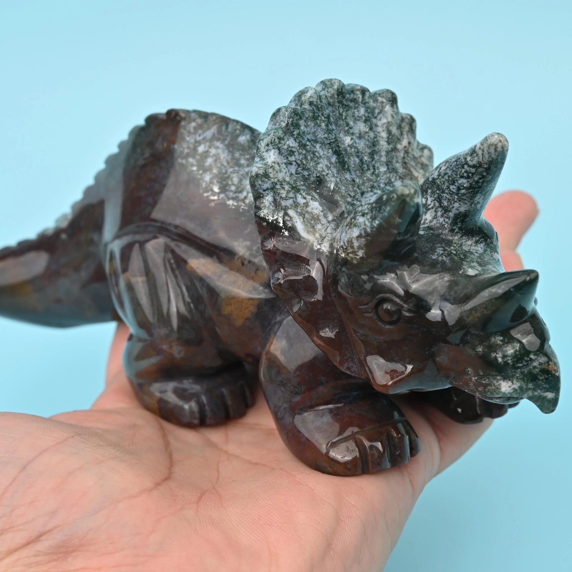 8" Natural Large Size Indian Agate Triceratops Gemstone Dinosaur Carving 1.53 lb - Mycrazycrystal