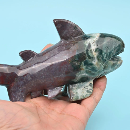 7" Natural Large Size Indian Agate Shark Gemstone Crystal Carving 1.49 lb - Mycrazycrystal