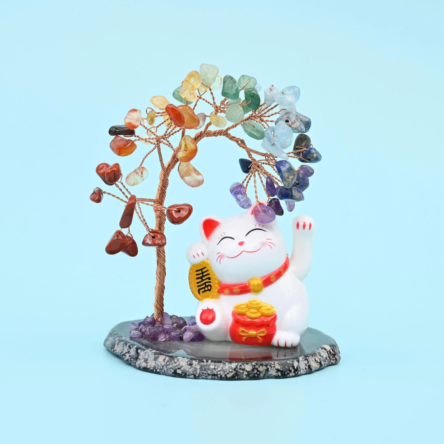 Fortune Cat Gemstone Tree, Lucky Cat Healing Crystal Tree for Home Decor with Agate Base Bottom, Gift for Everyone - Mycrazycrystal