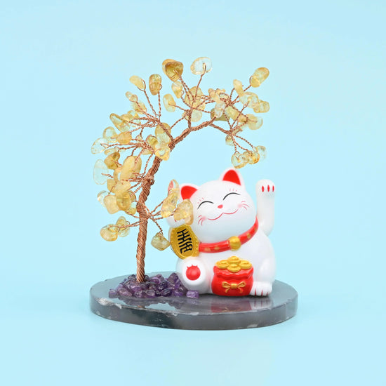 Fortune Cat Gemstone Tree, Lucky Cat Healing Crystal Tree for Home Decor with Agate Base Bottom, Gift for Everyone - Mycrazycrystal