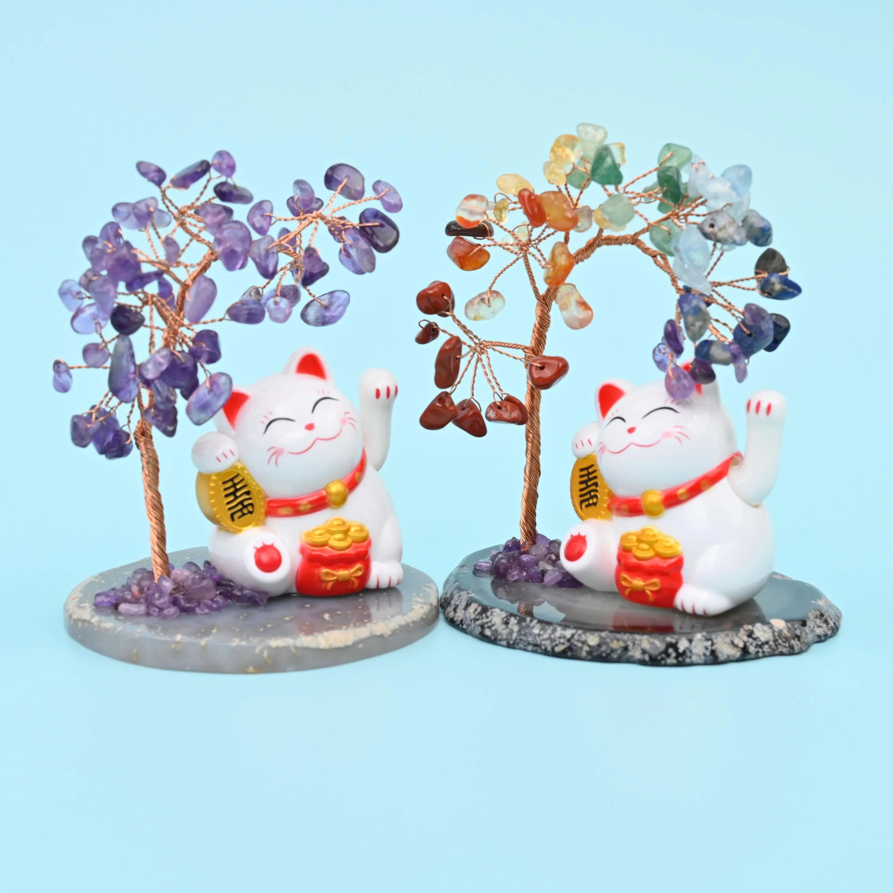Fortune Cat Gemstone Tree, Lucky Cat Healing Crystal Tree for Home Decor with Agate Base Bottom, Gift for Everyone - Mycrazycrystal