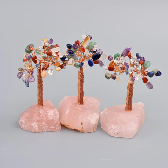 4" Nature Rose Quartz Base Gemstone Tree, Copper Wire Sculpture Tree of Life, Rough Rose Quartz Base Healing Crystal Tree for Home Decor - Mycrazycrystal