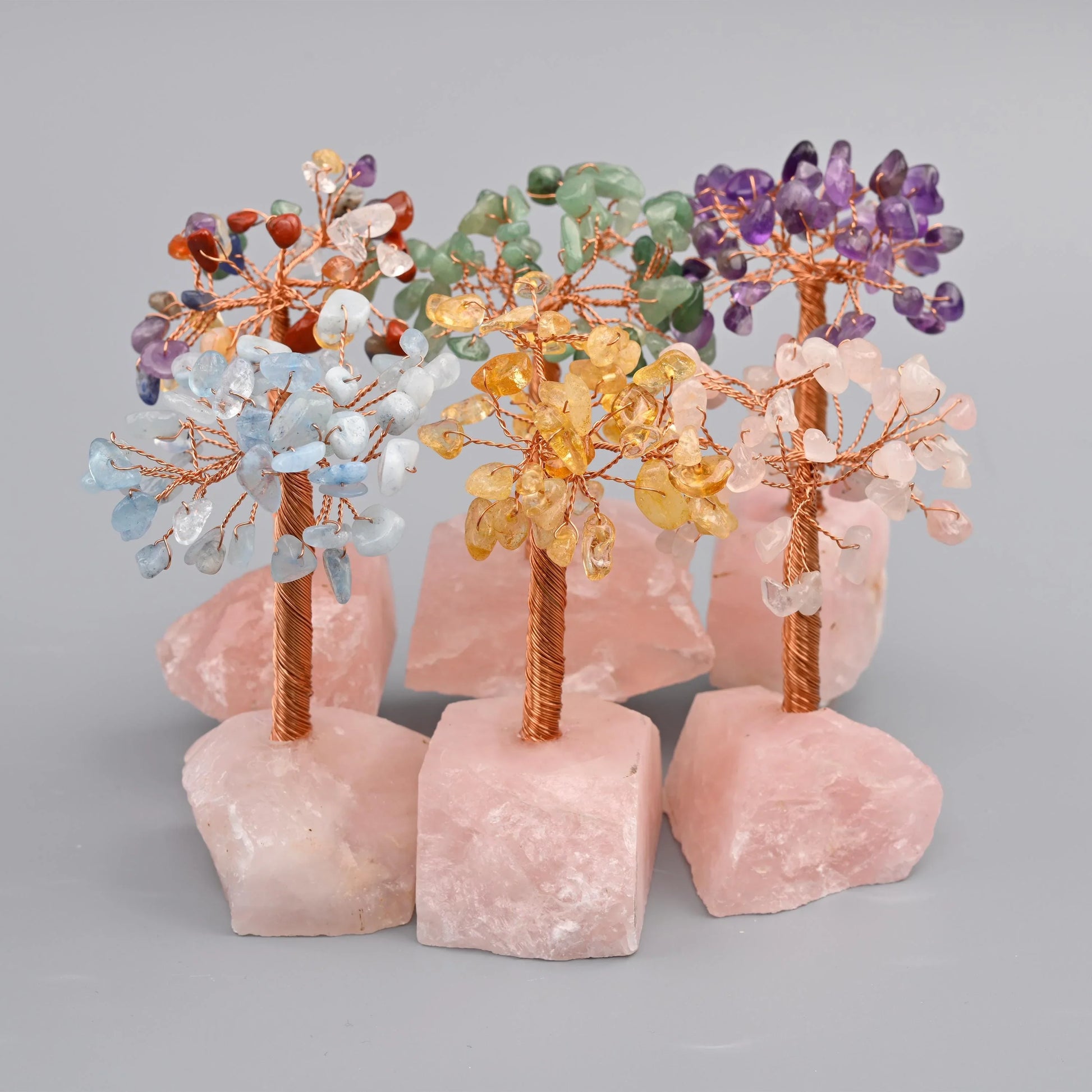 4" Nature Rose Quartz Base Gemstone Tree, Copper Wire Sculpture Tree of Life, Rough Rose Quartz Base Healing Crystal Tree for Home Decor - Mycrazycrystal