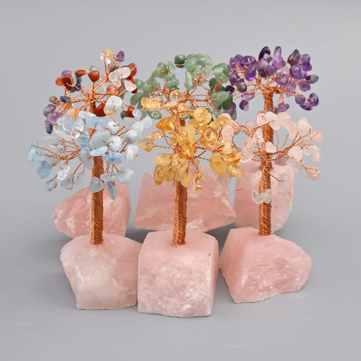 4" Nature Rose Quartz Base Gemstone Tree, Copper Wire Sculpture Tree of Life, Rough Rose Quartz Base Healing Crystal Tree for Home Decor - Mycrazycrystal