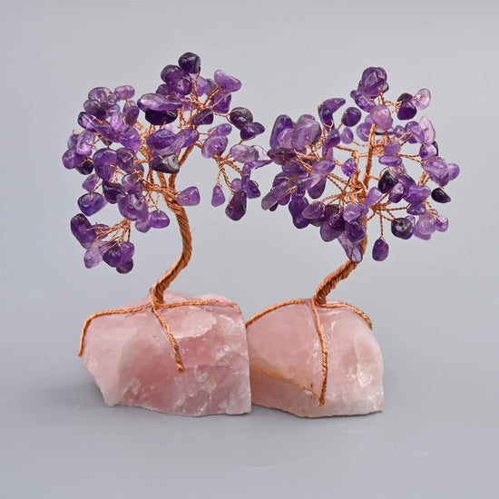 5" Nature Rose Quartz Base Gemstone Tree, Copper Wire Sculpture Tree of Life, Rough Rose Quartz Base Healing Crystal Tree for Home Decor - Mycrazycrystal