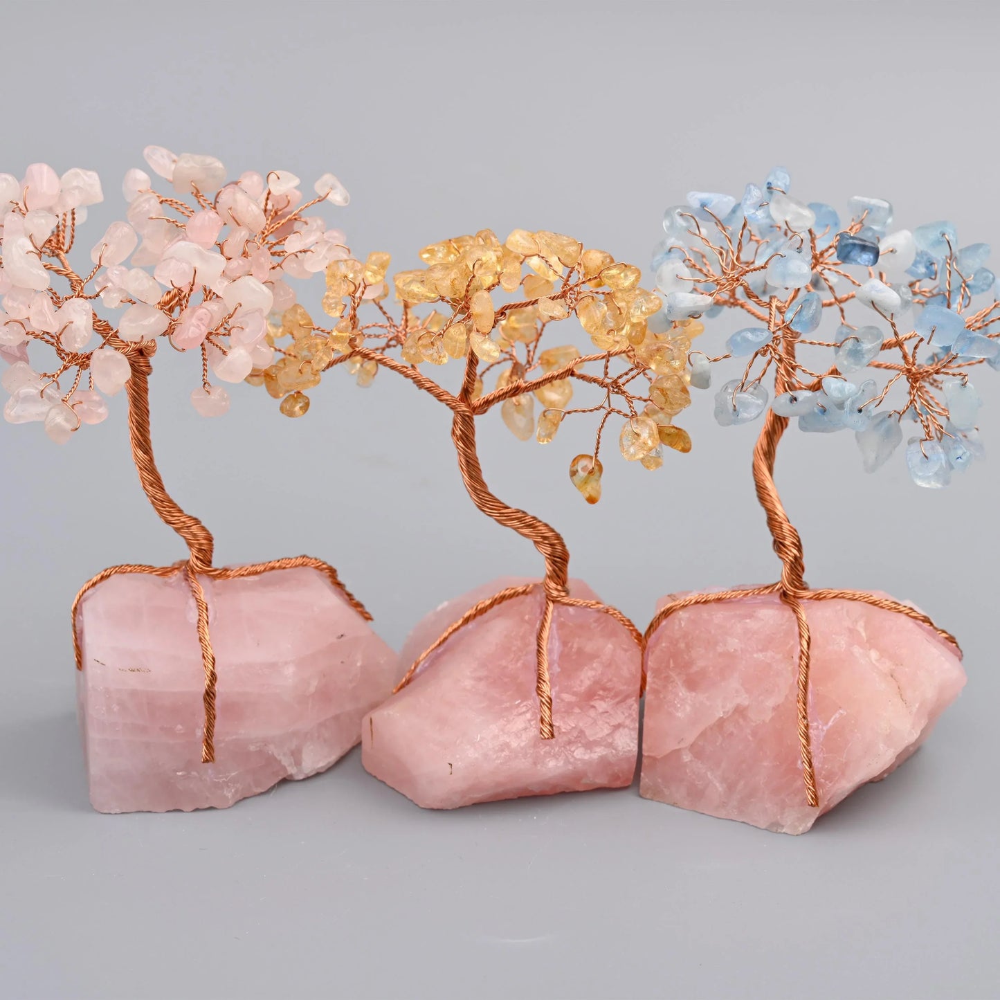 5" Nature Rose Quartz Base Gemstone Tree, Copper Wire Sculpture Tree of Life, Rough Rose Quartz Base Healing Crystal Tree for Home Decor - Mycrazycrystal