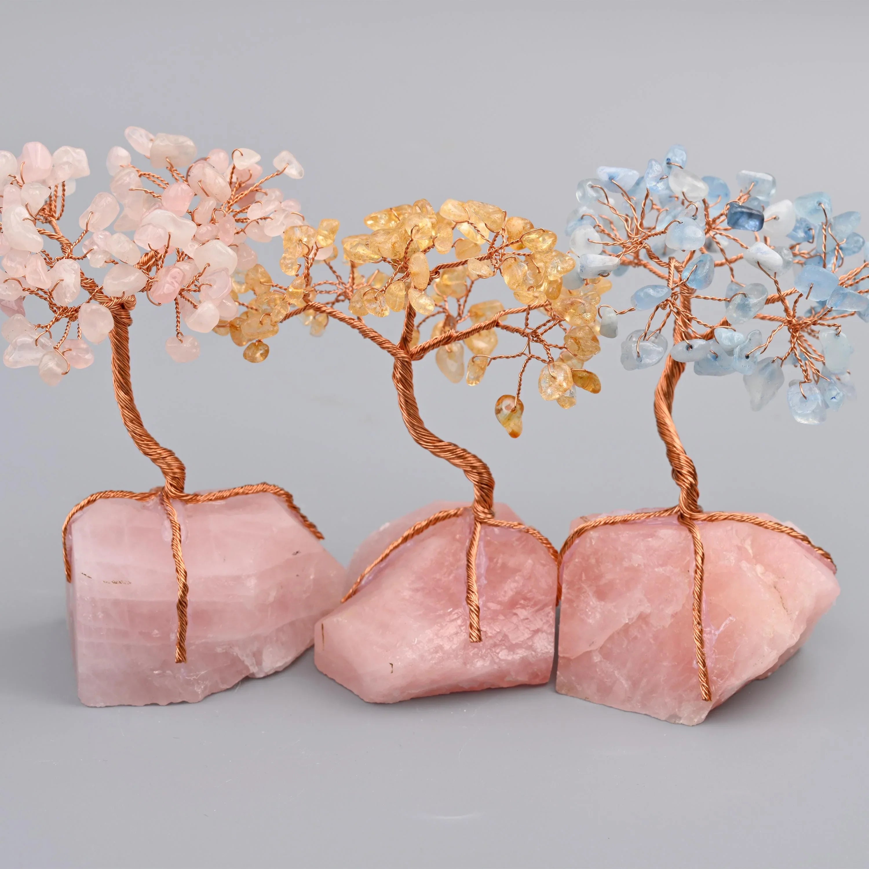 5" Nature Rose Quartz Base Gemstone Tree, Copper Wire Sculpture Tree of Life, Rough Rose Quartz Base Healing Crystal Tree for Home Decor - Mycrazycrystal