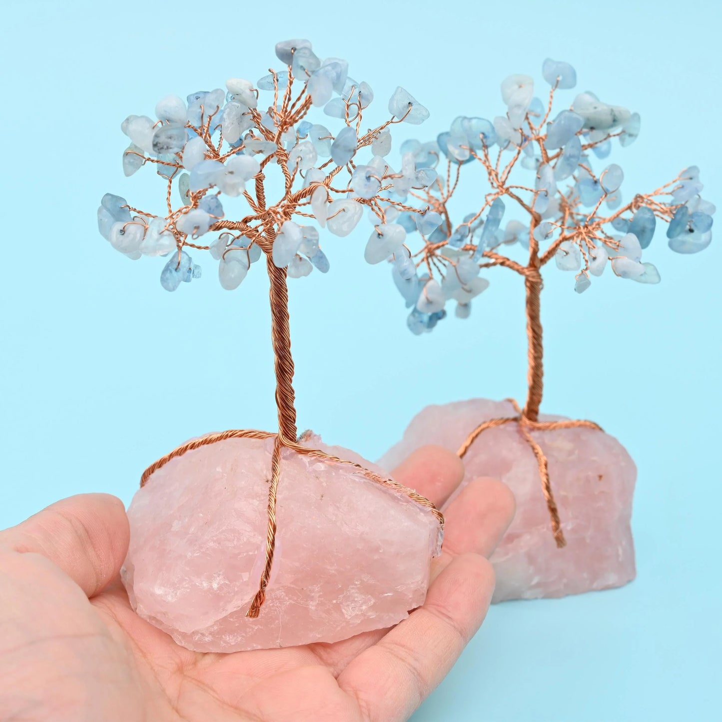 5" Nature Rose Quartz Base Gemstone Tree, Copper Wire Sculpture Tree of Life, Rough Rose Quartz Base Healing Crystal Tree for Home Decor - Mycrazycrystal