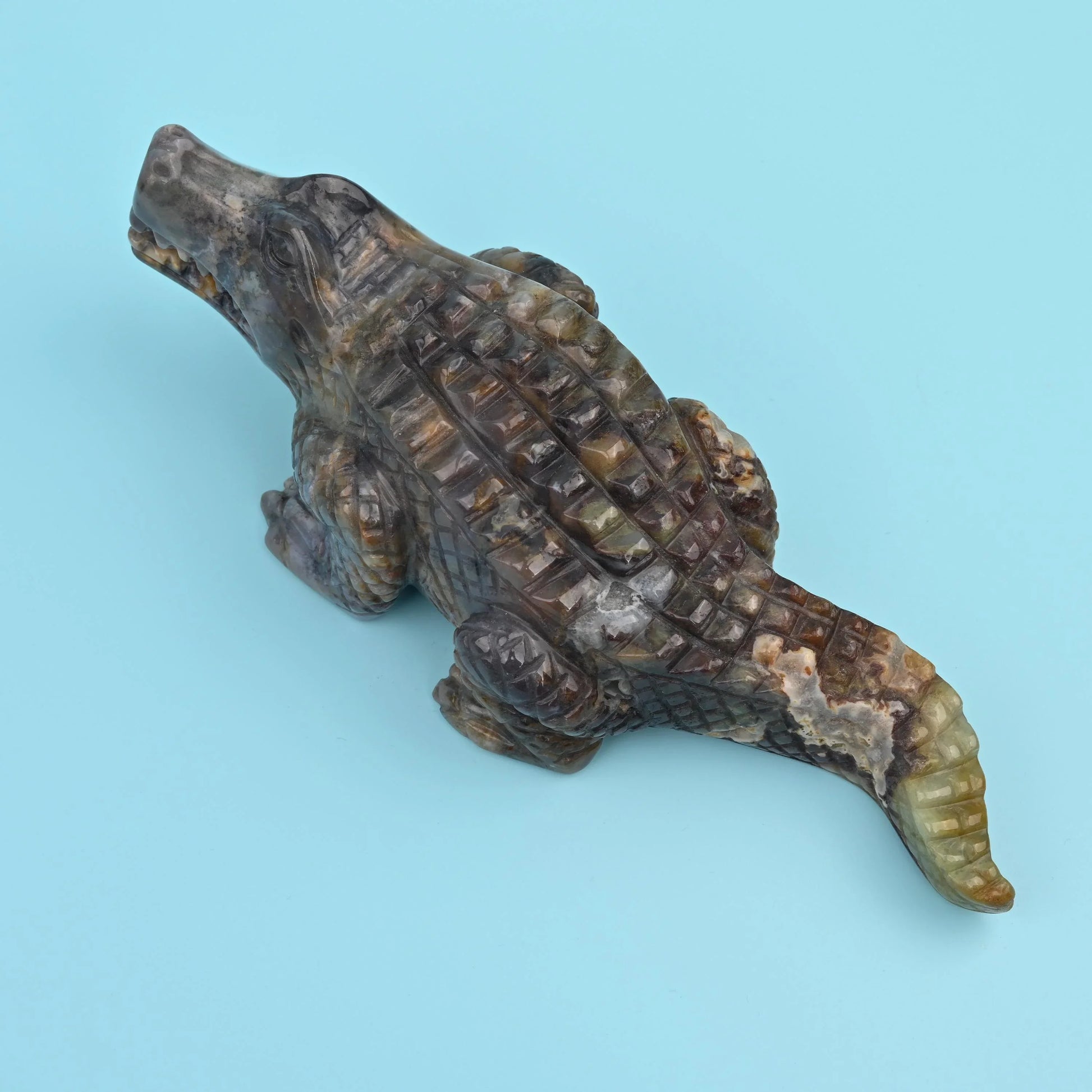 9" Natural Large Size Indian Agate Alligator Gemstone Crocodile Carving 2.2 lb - Mycrazycrystal