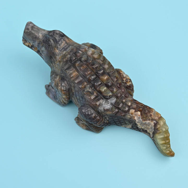 9" Natural Large Size Indian Agate Alligator Gemstone Crocodile Carving 2.2 lb