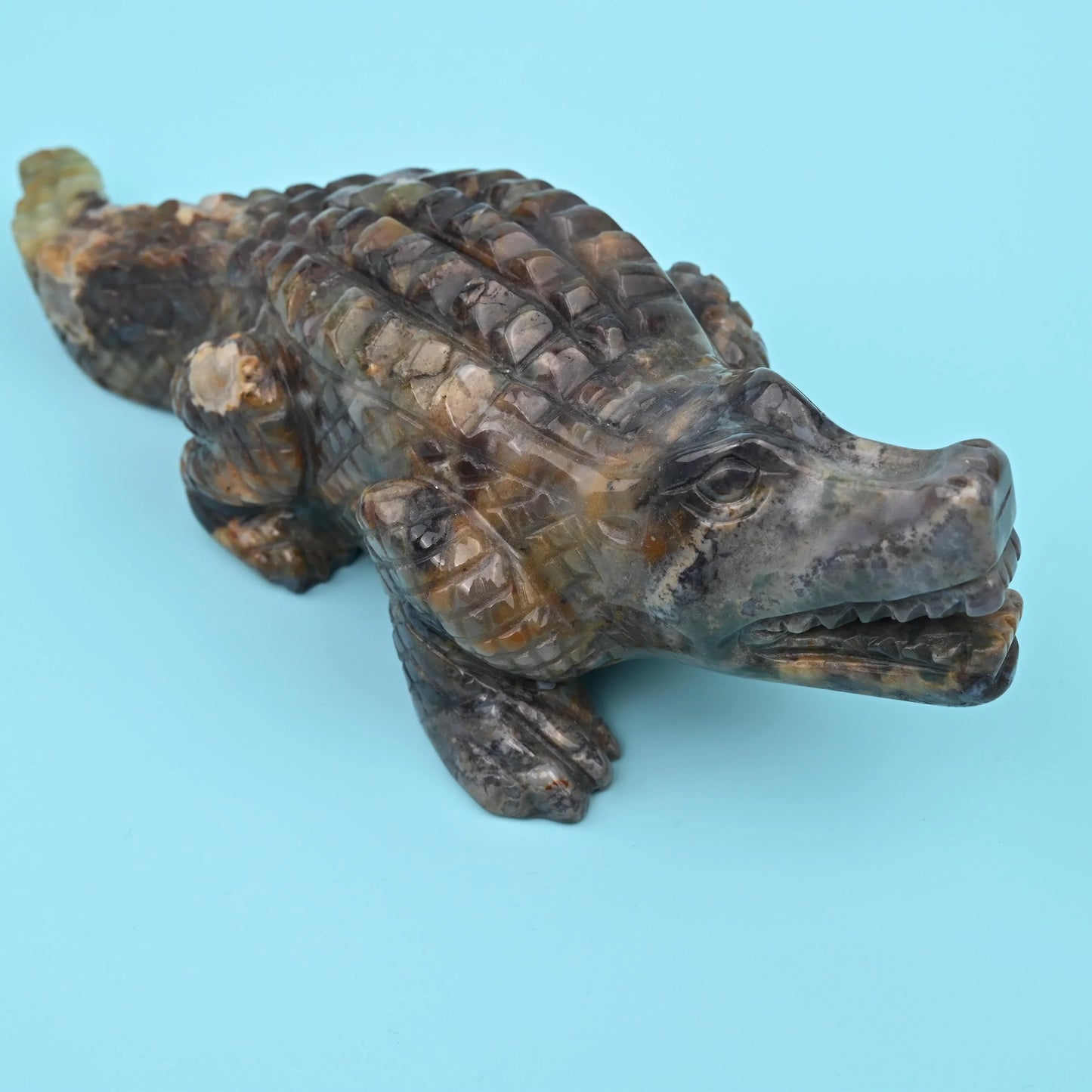 9" Natural Large Size Indian Agate Alligator Gemstone Crocodile Carving 2.2 lb - Mycrazycrystal