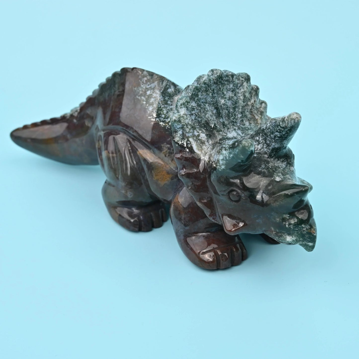 8" Natural Large Size Indian Agate Triceratops Gemstone Dinosaur Carving 1.53 lb - Mycrazycrystal