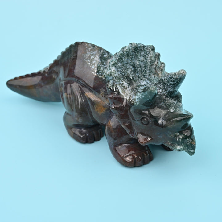 8" Natural Large Size Indian Agate Triceratops Gemstone Dinosaur Carving 1.53 lb