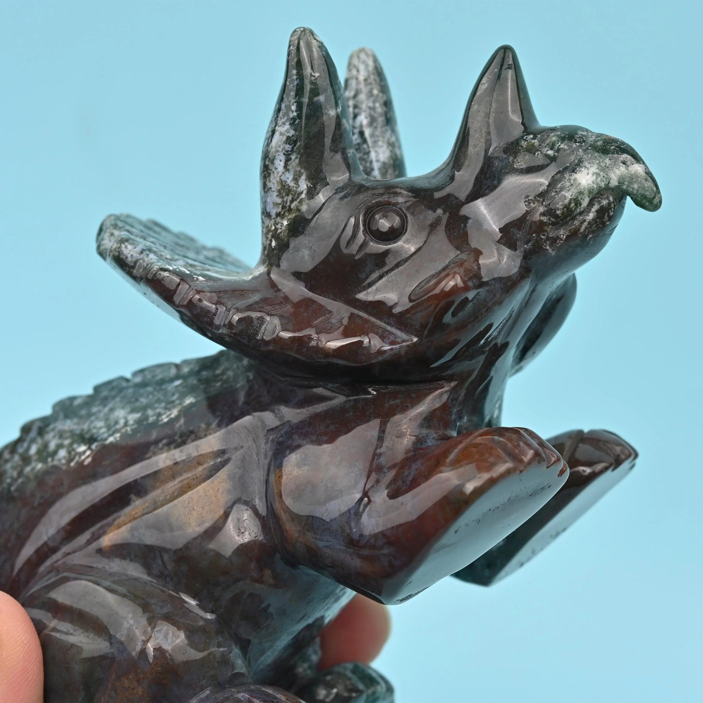 8" Natural Large Size Indian Agate Triceratops Gemstone Dinosaur Carving 1.53 lb - Mycrazycrystal
