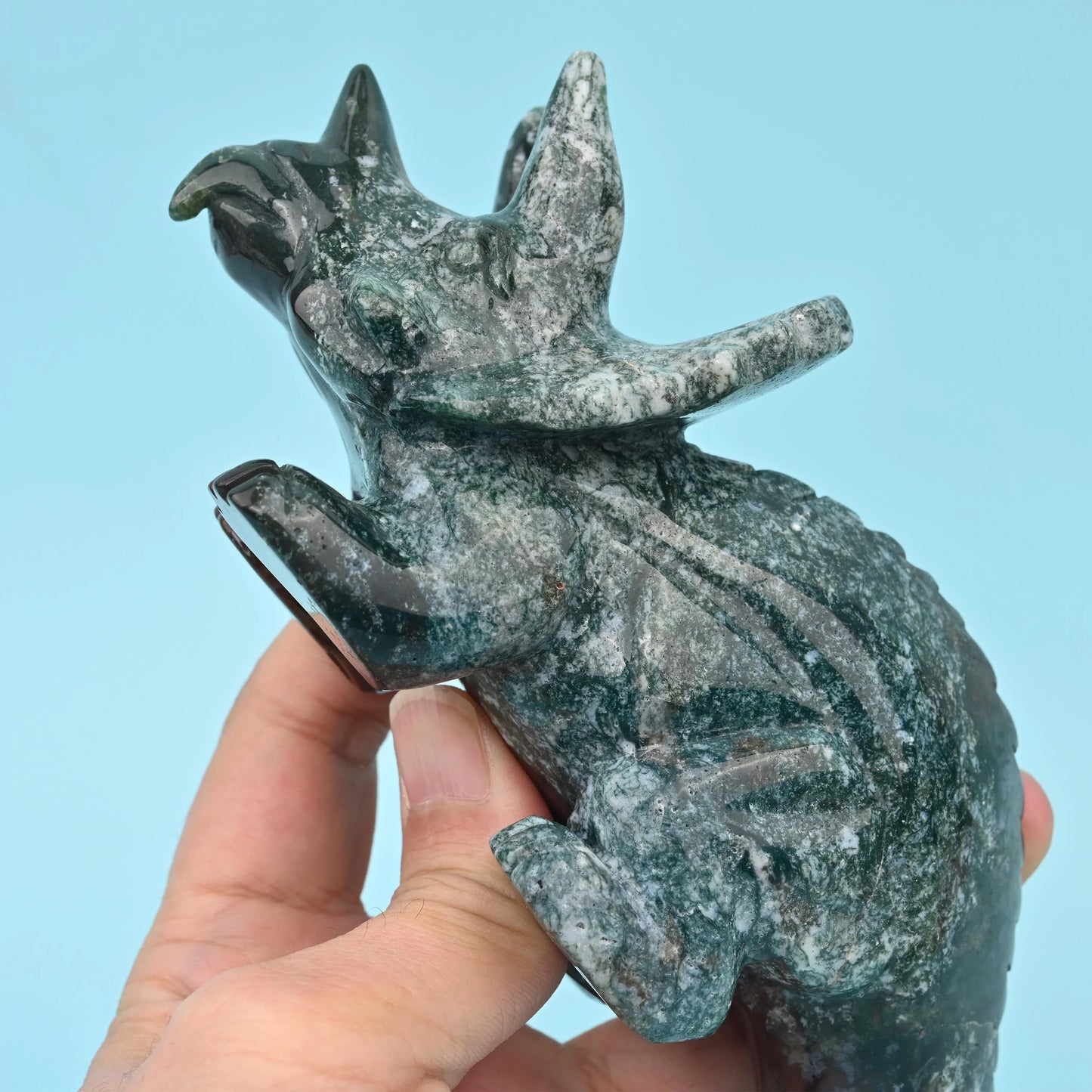 8" Natural Large Size Indian Agate Triceratops Gemstone Dinosaur Carving 1.53 lb - Mycrazycrystal