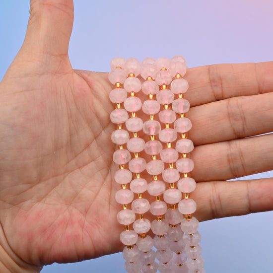 Natural Rose Quartz Faceted Rondelle Gemstone Beads, 6x8 mm Faceted Rondelle Bead, DIY Jewelry Making Beads, 15.5 Inches Per Strand