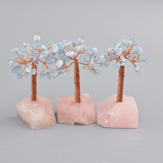4" Nature Rose Quartz Base Gemstone Tree, Copper Wire Sculpture Tree of Life, Rough Rose Quartz Base Healing Crystal Tree for Home Decor - Mycrazycrystal