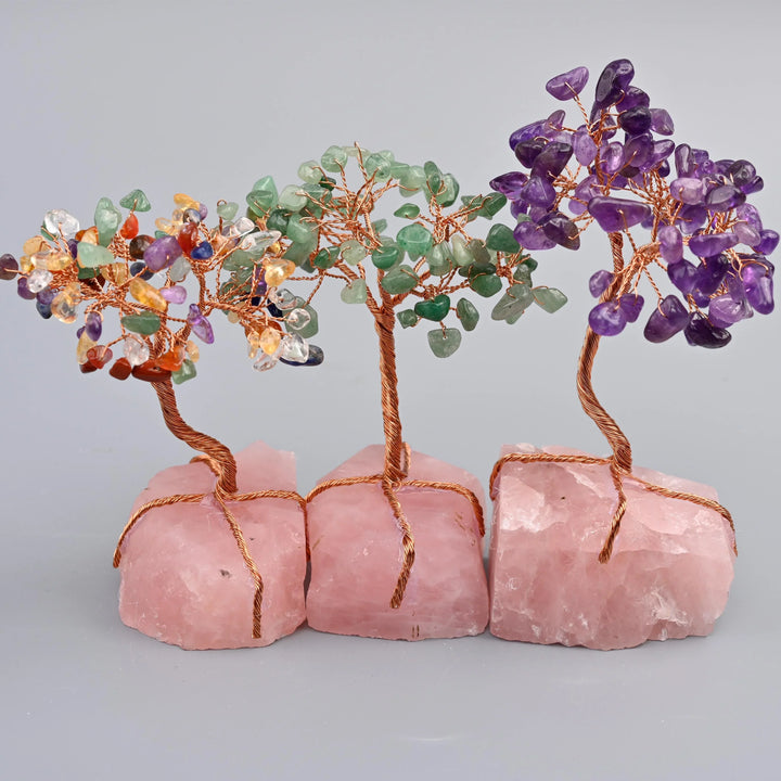 5" Nature Rose Quartz Base Gemstone Tree, Copper Wire Sculpture Tree of Life, Rough Rose Quartz Base Healing Crystal Tree for Home Decor - Mycrazycrystal