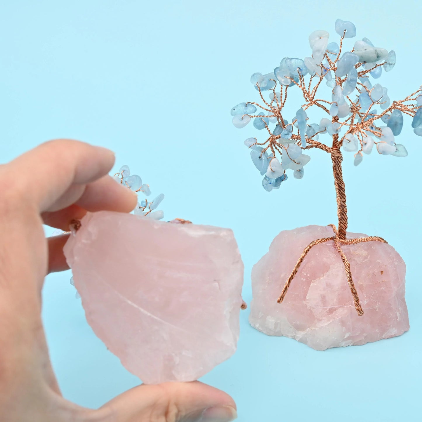 5" Nature Rose Quartz Base Gemstone Tree, Copper Wire Sculpture Tree of Life, Rough Rose Quartz Base Healing Crystal Tree for Home Decor - Mycrazycrystal