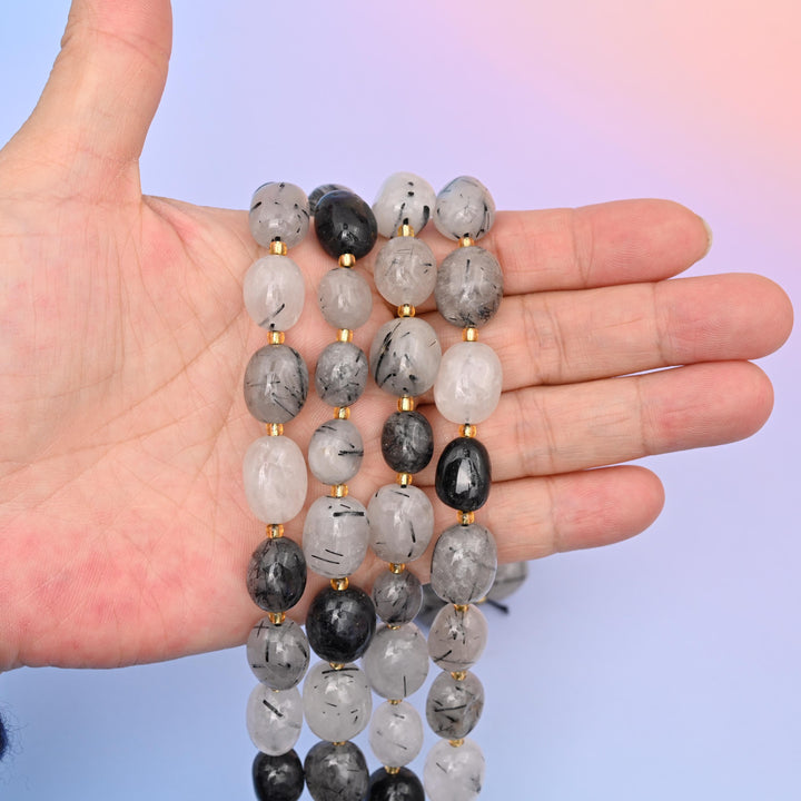 Natural Black Rutilated Quartz Oval Gemstone Beads, Size 10-17mm Black Rutilated Beads, DIY Jewelry Making Beads, 15.5 Inches Per Strand