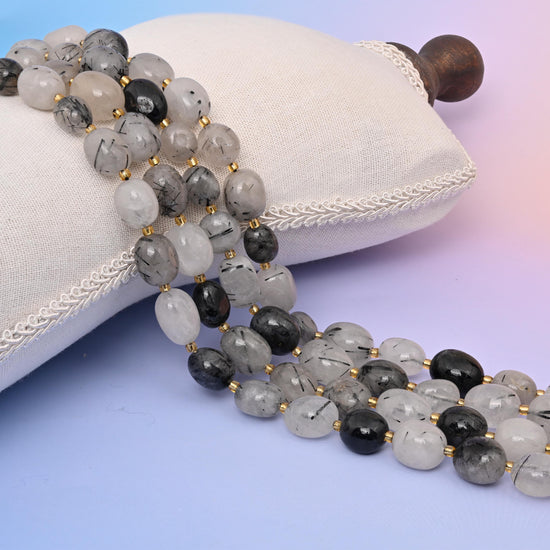 Natural Black Rutilated Quartz Oval Gemstone Beads, Size 10-17mm Black Rutilated Beads, DIY Jewelry Making Beads, 15.5 Inches Per Strand
