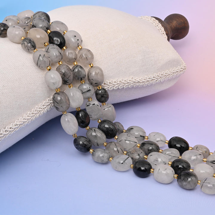 Natural Black Rutilated Quartz Oval Gemstone Beads, Size 10-17mm Black Rutilated Beads, DIY Jewelry Making Beads, 15.5 Inches Per Strand