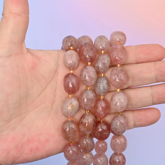 Natural Strawberry Quartz Oval Gemstone Beads, Size 10-17mm Strawberry Quartz Nugget Beads, DIY Jewelry Making Beads, 15.5 Inches Per Strand - Mycrazycrystal