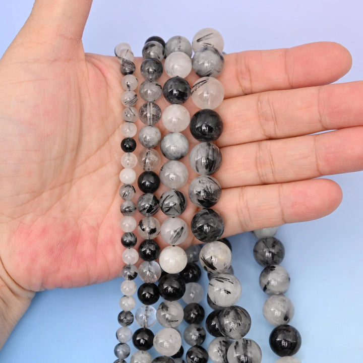 Natural Black Rutilated Quartz Round Gemstone Beads, 6mm, 8mm, 10mm, 12mm Round Bead, DIY Jewelry Making Beads, 15.5 Inches Per Strand - Mycrazycrystal