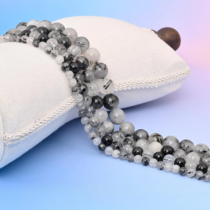 Natural Black Rutilated Quartz Round Gemstone Beads, 6mm, 8mm, 10mm, 12mm Round Bead, DIY Jewelry Making Beads, 15.5 Inches Per Strand - Mycrazycrystal